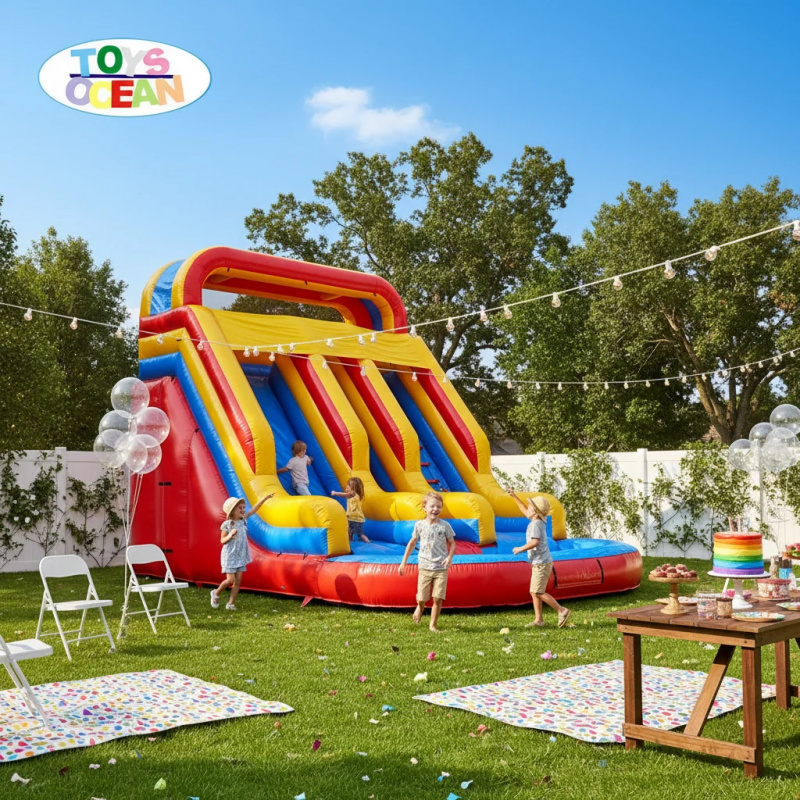 Water Slide Inflatable - Kırmızı Sarı Mavi Üçlü Kulvarlı Şişme